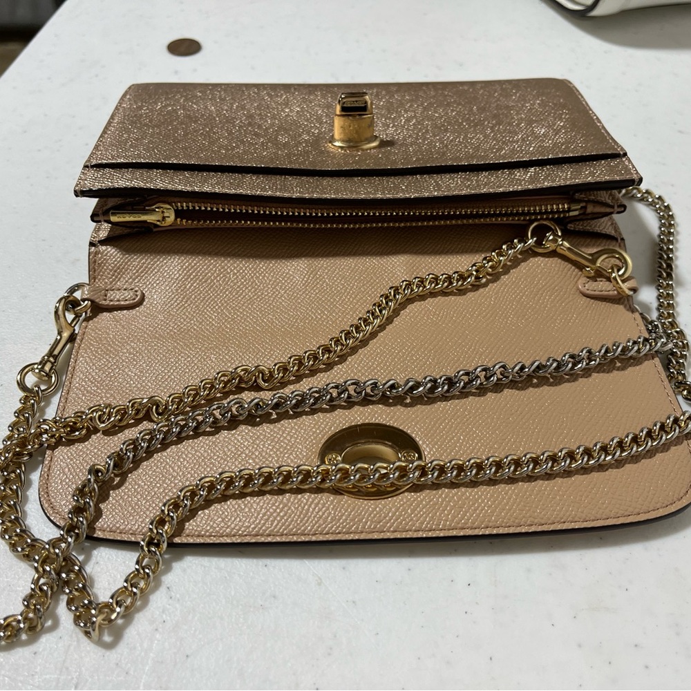Coach gold metallic crossbody with gold chain